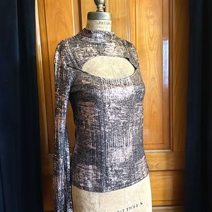 Bebe top keyhole front shiny copper  black shimmery long sleeves sparkle accen…